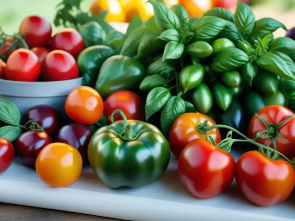 Un puesto francés de mercado rebosante de tomates, pimientos, calabacines y berenjenas, capturando la esencia de la Dieta Mediterránea