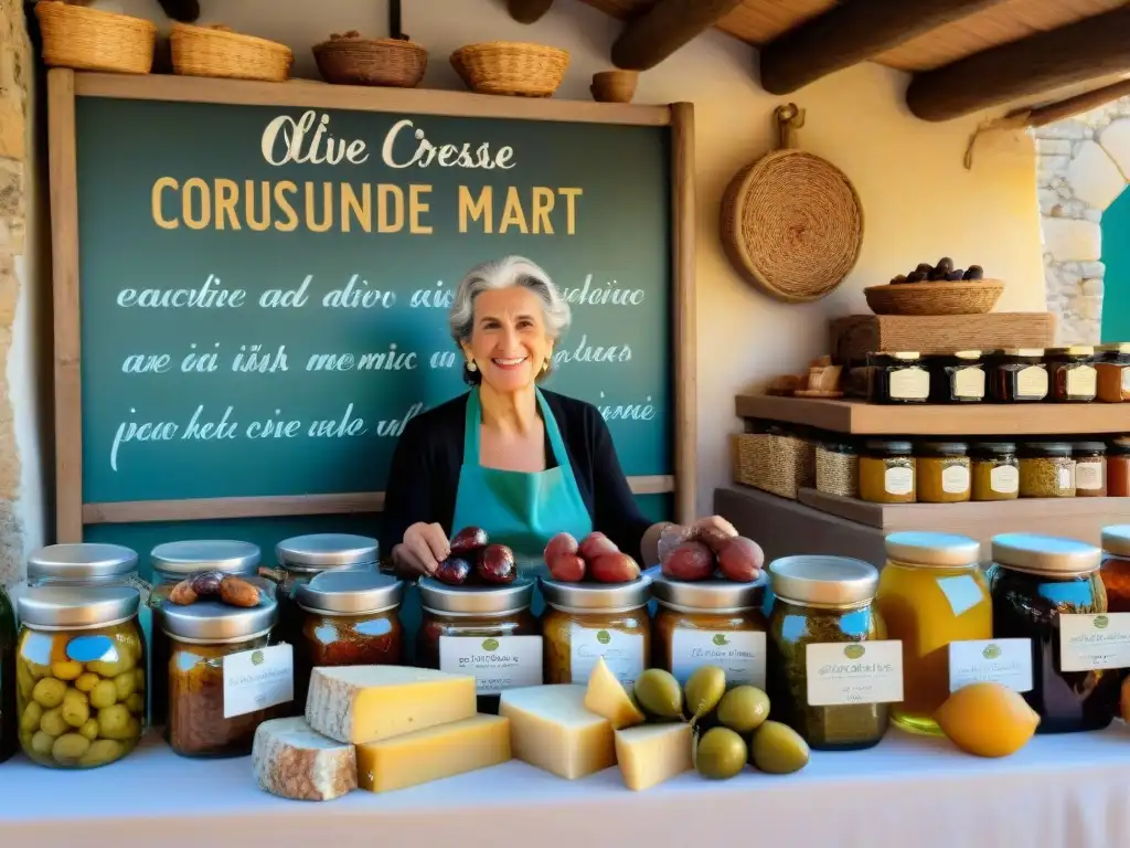 Mercado corsé: sabores y tradiciones en la campiña mediterránea Un puesto de mercado corsa rebosante de sabores únicos: charcutería, quesos, miel, aceites, higos y castañas, atendido por una mujer corsa