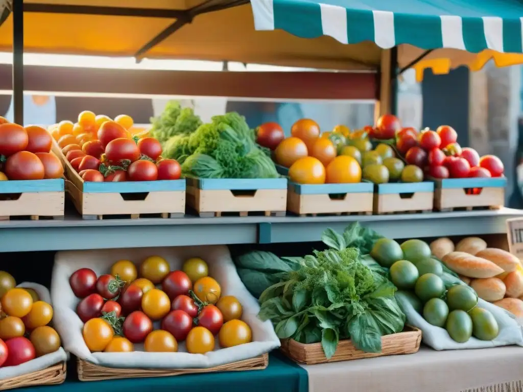 Un puesto de mercado francés rebosante de productos frescos y coloridos, con una atmósfera cálida y acogedora