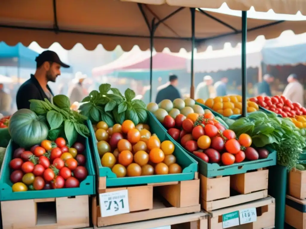 Un puesto de mercado francés rebosante de productos frescos, colores vibrantes y una atmósfera auténtica