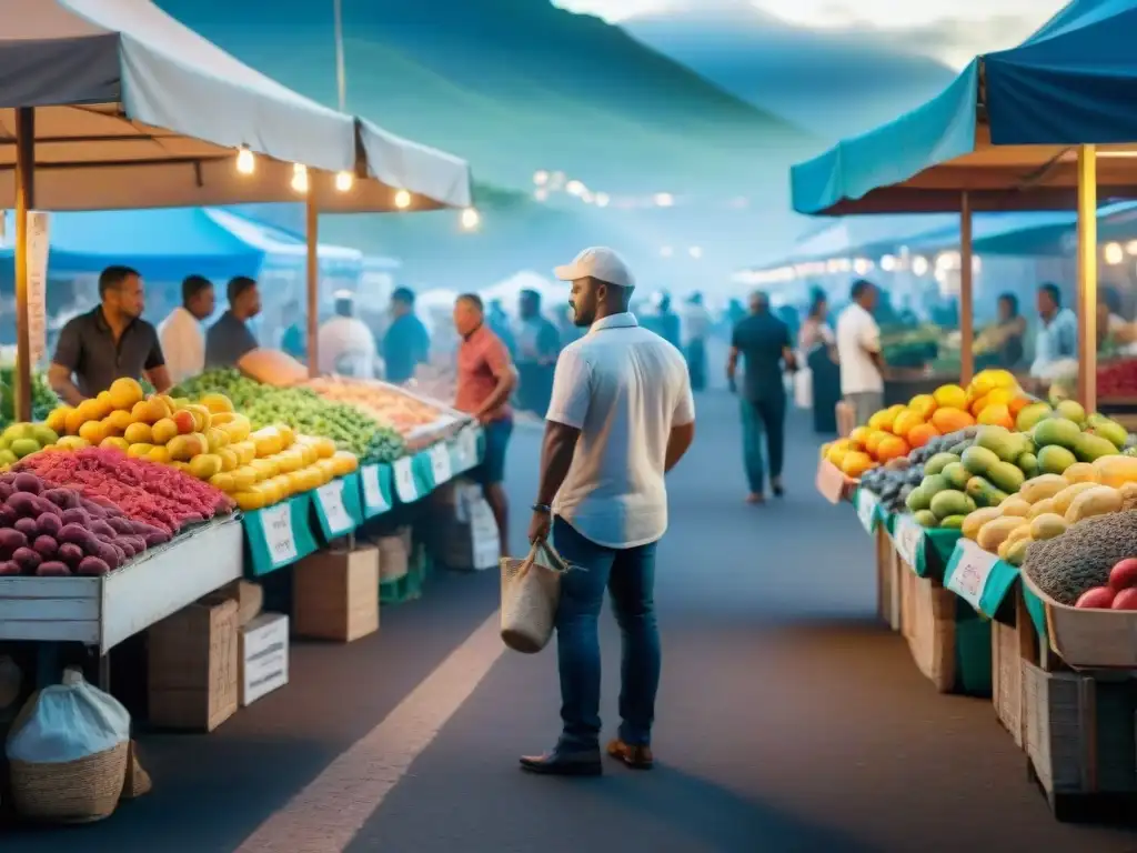 Puesto de mercado lleno de vida en Reunión y Mayotte con frutas exóticas, mariscos frescos y especias coloridas