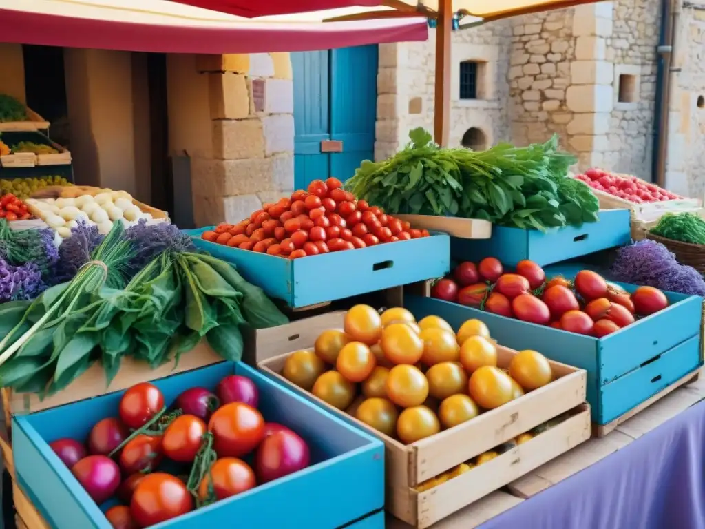 Un puesto de mercado provenzal rebosante de productos frescos bajo el cielo azul