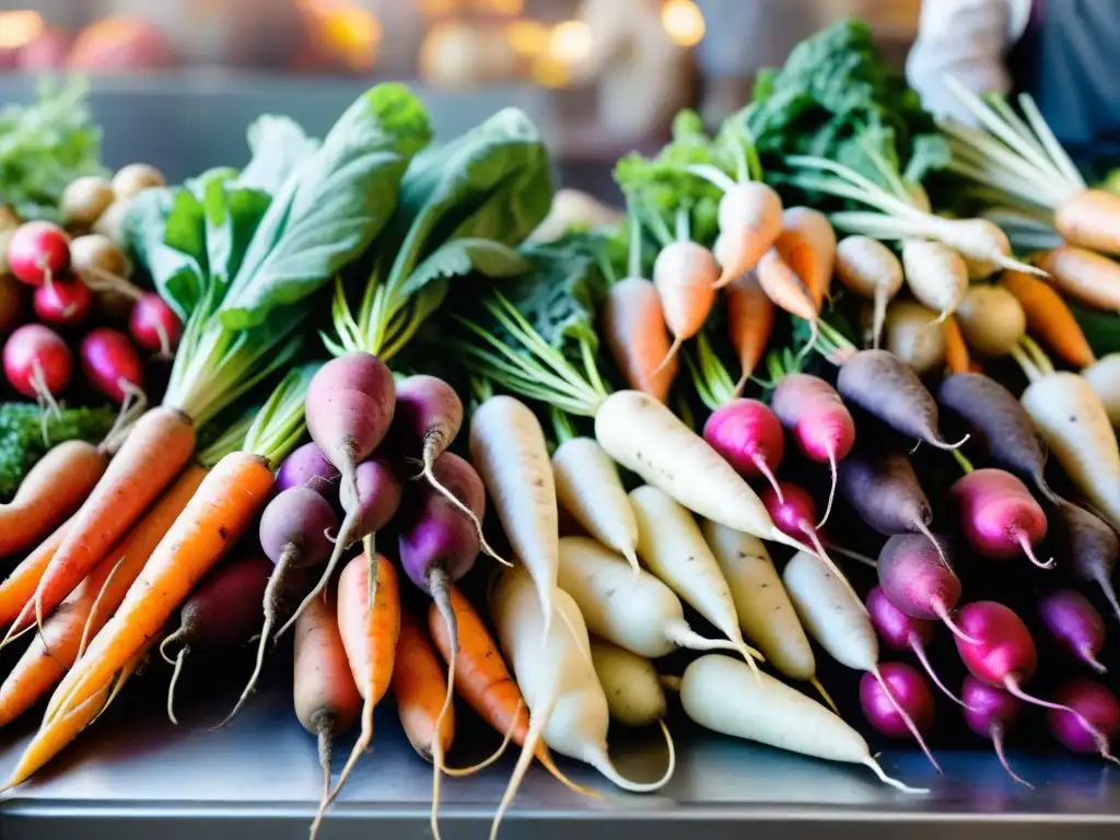 Un puesto de mercado tradicional francés rebosante de coloridas verduras de raíz