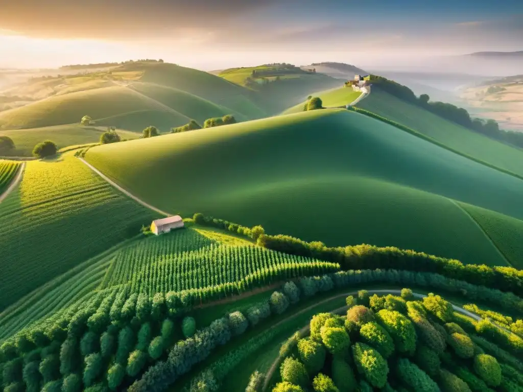 Producción quesera permacultura en Francia: vacas pastando en verdes praderas, viñedos al fondo y quesería tradicional al atardecer