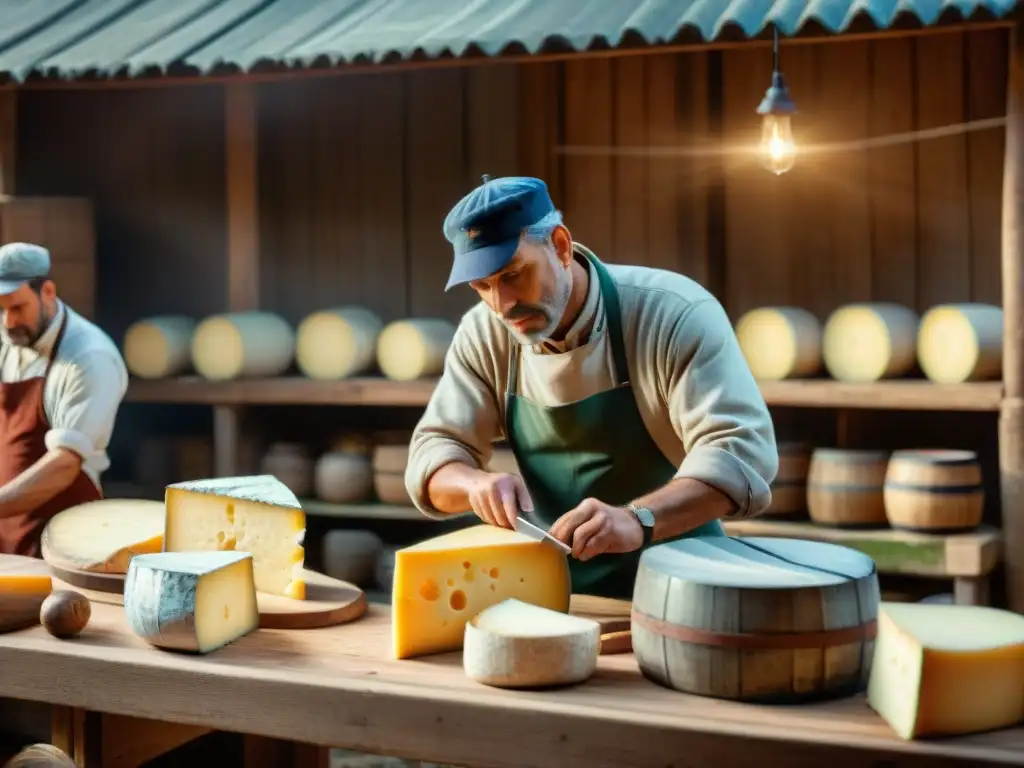 Quesería francesa durante la guerra: Artesanos elaborando queso tradicional en un entorno rústico, rodeados de barriles y ruedas de queso