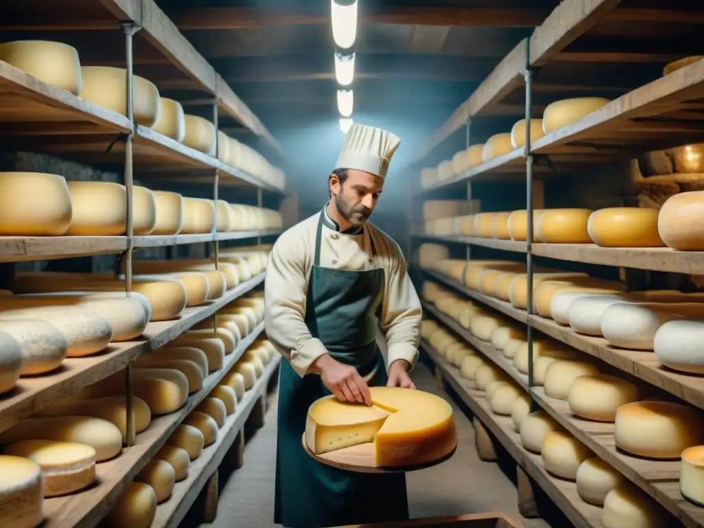 Quesería francesa durante la guerra: Artesanos con trajes tradicionales cuidan quesos en bodega rústica, envueltos en historia y tradición