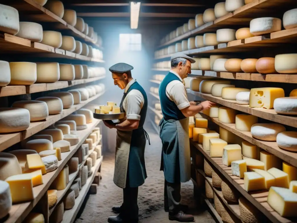 Quesería francesa durante la guerra: Queseros en la penumbra, unidos en su labor entre ruedas de queso