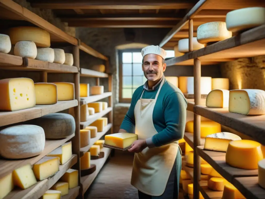 Quesería francesa tradicional con quesos sostenibles innovadores en bodega iluminada por la luz solar