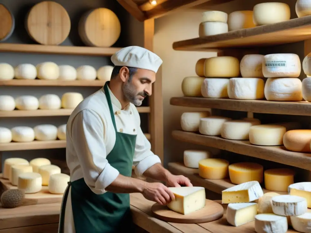 En una quesería en Normandía, un maestro quesero francés muestra la Innovación en quesos franceses al elaborar un queso Camembert tradicional