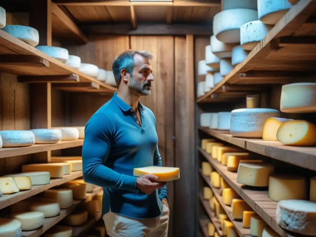 Quesería tradicional en Auvergne con las características del Bleu d'Auvergne, ruedas de queso envejeciendo en estantes de madera