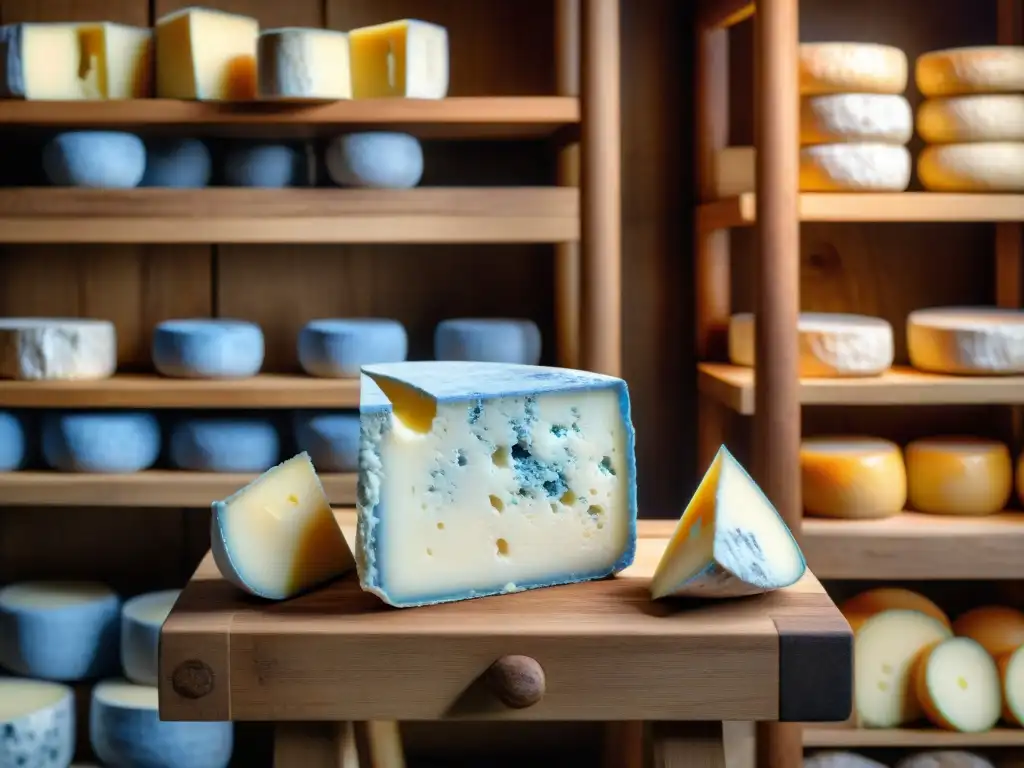 Un queso azul francés El Bleu de Gex envejeciendo en una bodega tradicional en Jura, evocando tradición y sabor