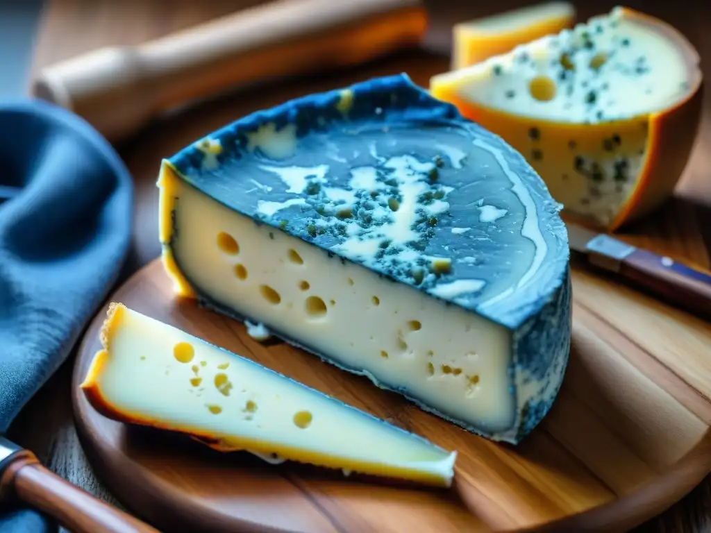 Queso azul francés tradicional: interior cremoso salpicado de vetas azules sobre tabla de madera rustica