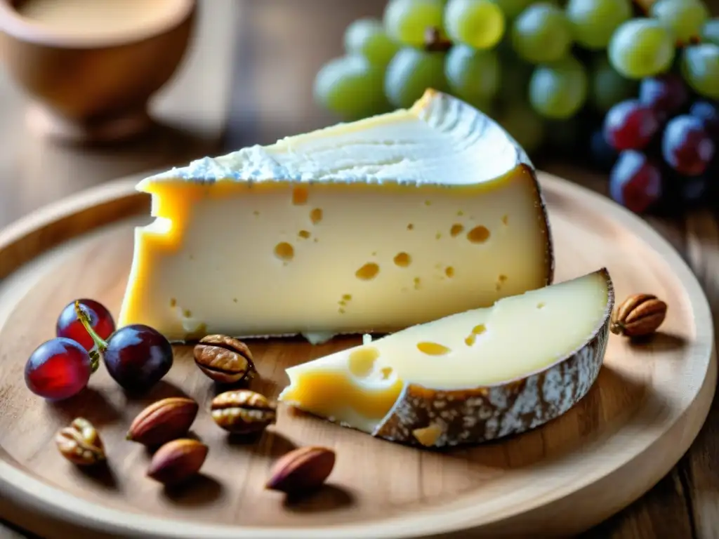 Queso Chaource: textura cremosa con uvas rojas, miel dorada y nueces tostadas en tabla de madera