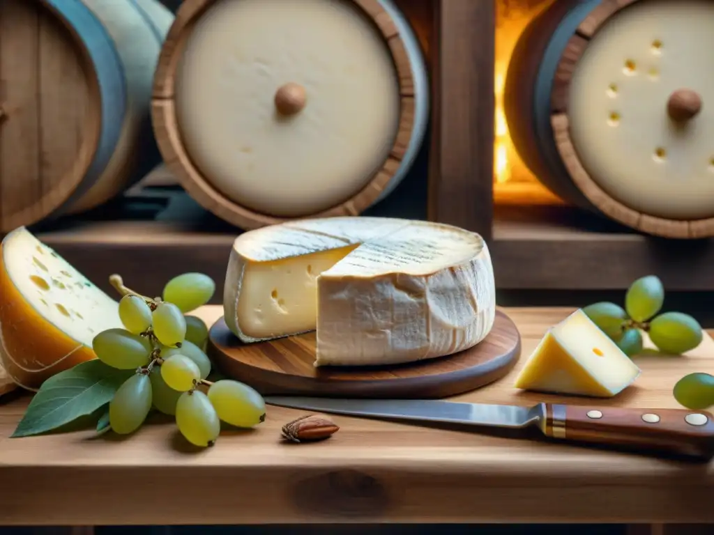 Un queso Brie francés envejecido frente a una bodega de vinos