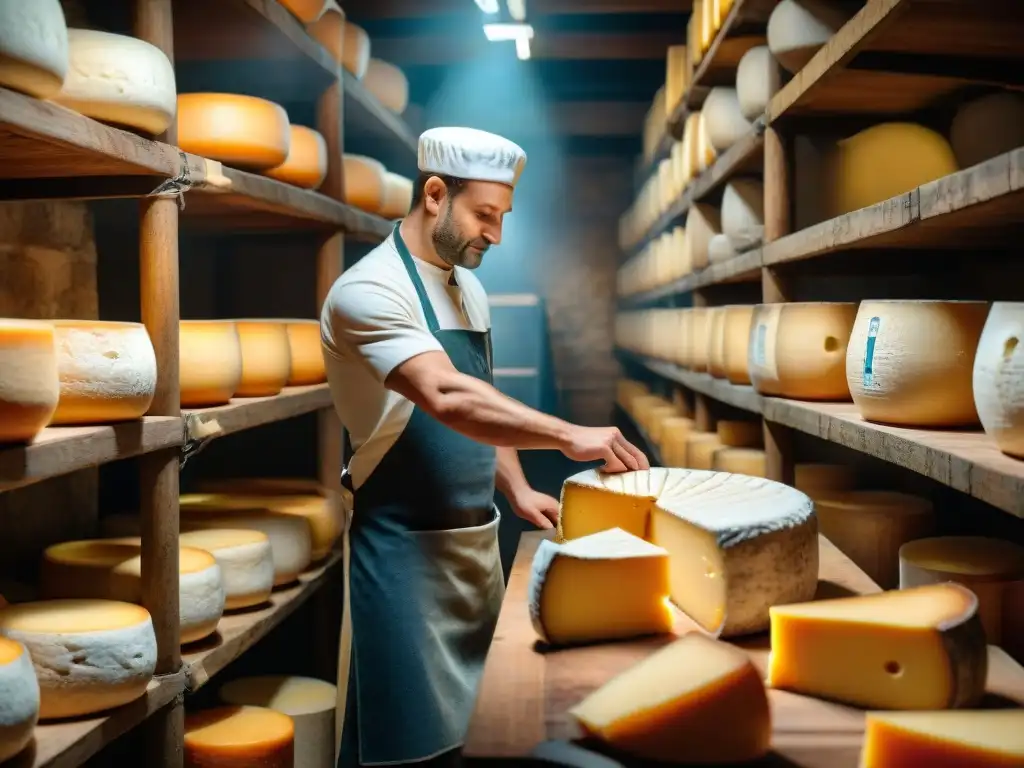 Queso Époisses de Borgoña envejeciendo en una bodega tradicional, resaltando su corteza anaranjada y su interior cremoso