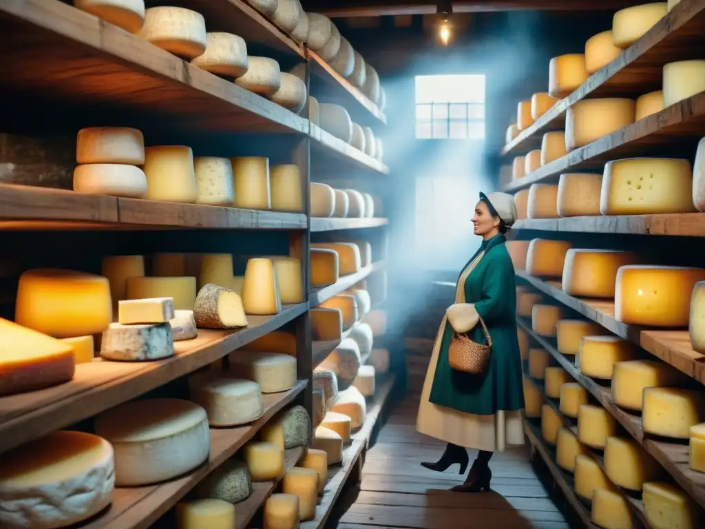 Queso francés AOC auténtico en bodega, detalle del molde y las estanterías rústicas