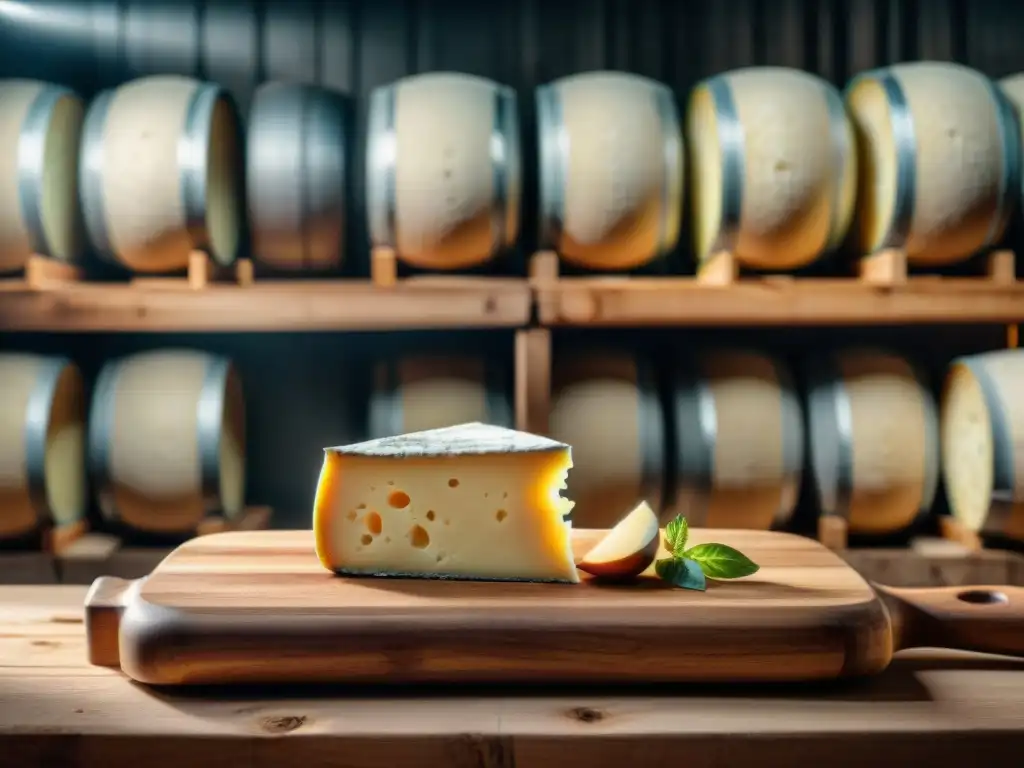 Queso francés en bodega con moho natural, iluminado, rodeado de barricas y herramientas de maduración