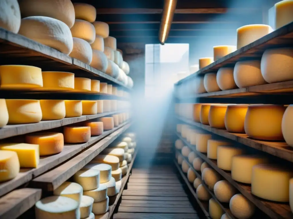 Queso francés envejeciendo en bodega del siglo XIX, resaltando moldes y texturas