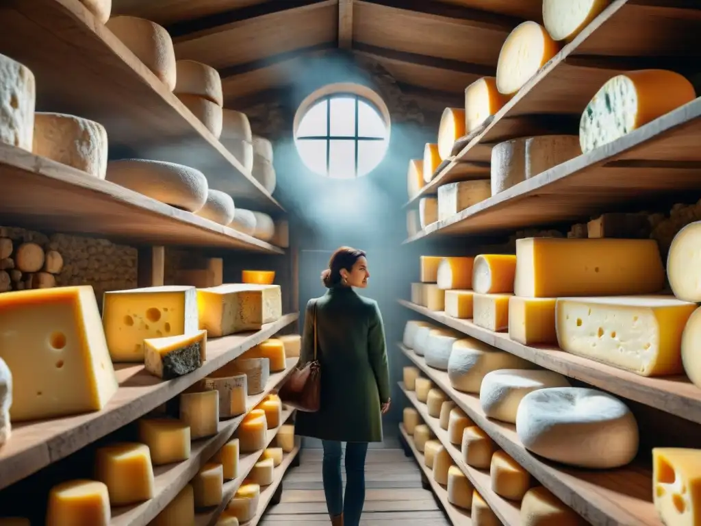 Evolución del queso francés siglo XIX: Bodega con quesos envejeciendo en estantes de madera, iluminada por luz tenue