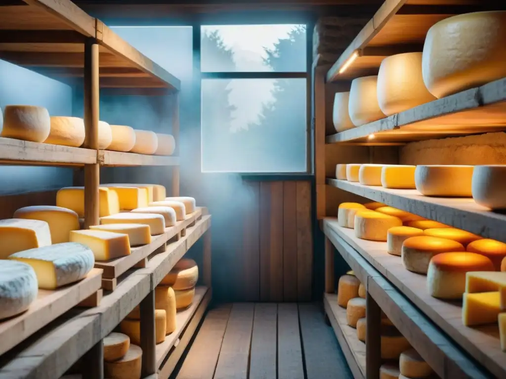 Un queso Langres de corazón profundo envejeciendo en una bodega rústica, iluminada tenuemente por el sol, rodeado de otros quesos en proceso