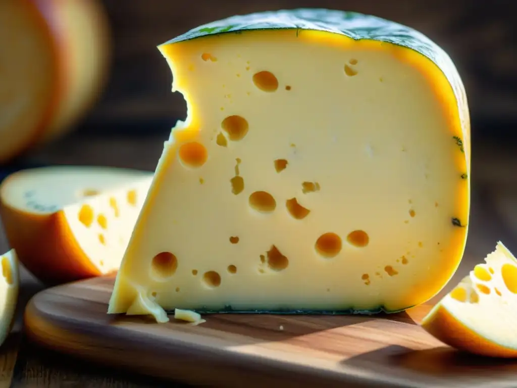 Un Queso Langres con maravillosos patrones marmolados, resaltando su corazón profundo en un tablero de madera rústico