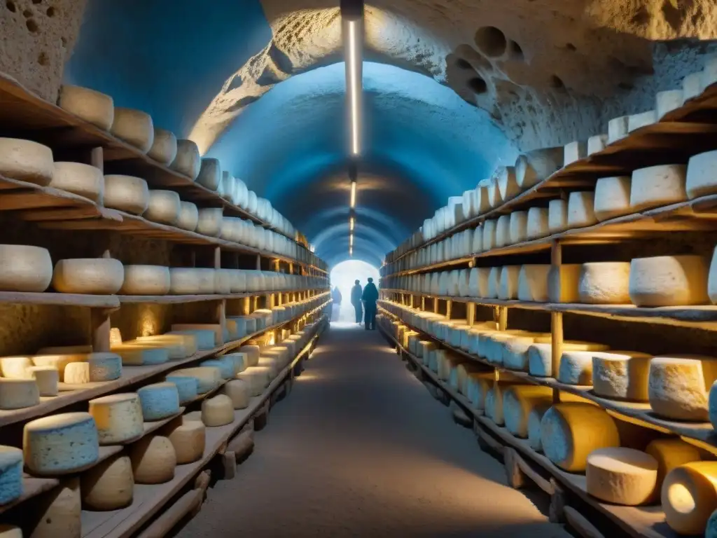 Queso Roquefort en antiguas cuevas francesas: ruedas de queso azul en estantes de madera, paredes húmedas y aroma terroso