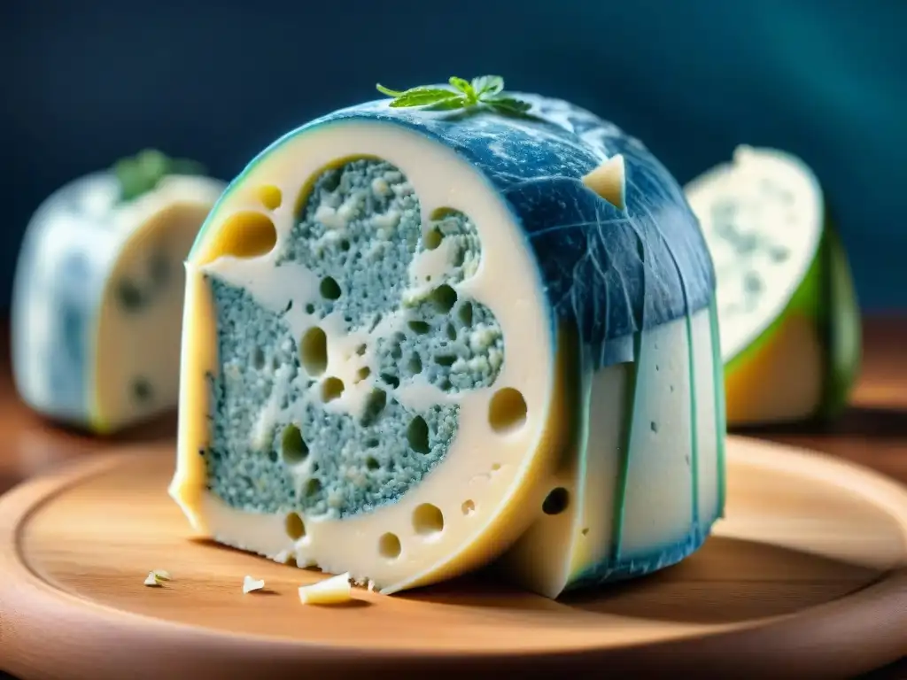 Queso Roquefort de cuevas en Francia, con vetas azul verdosas y textura crujiente