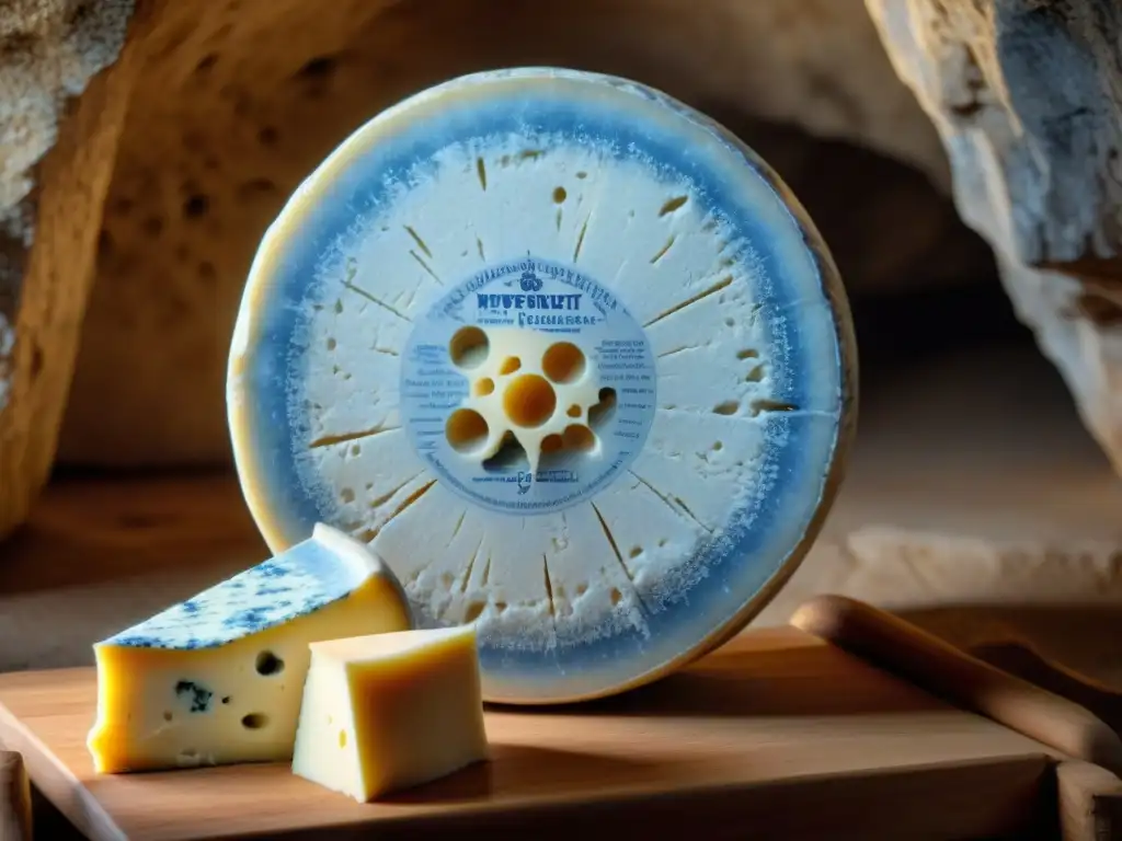 Queso Roquefort con venas azules en cuevas de Francia