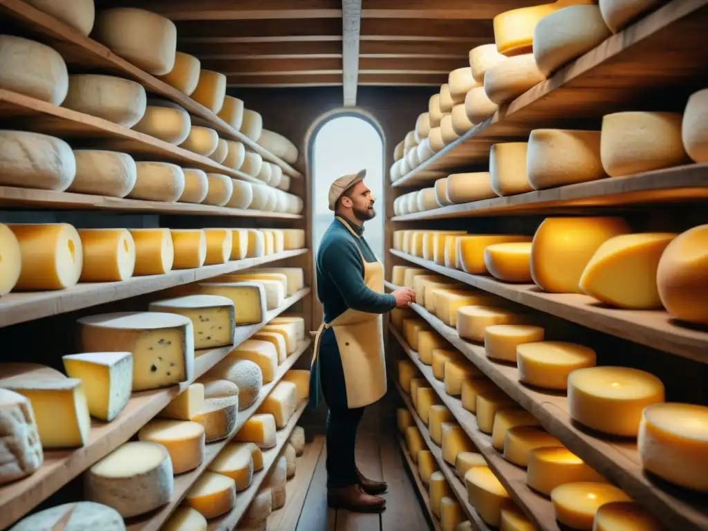 Queso Salers: historia y sabor en una bodega francesa tradicional lleno de quesos maduros