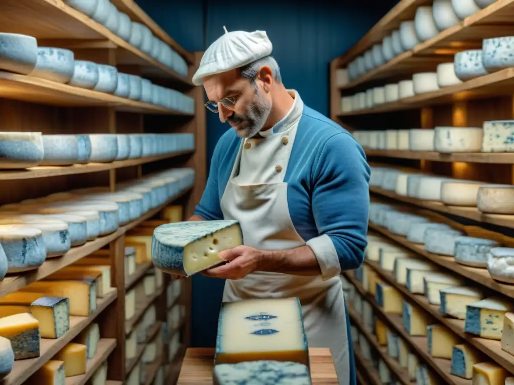 Quesos azules franceses evolución: un experto affineur inspecciona quesos azules en una bodega tradicional