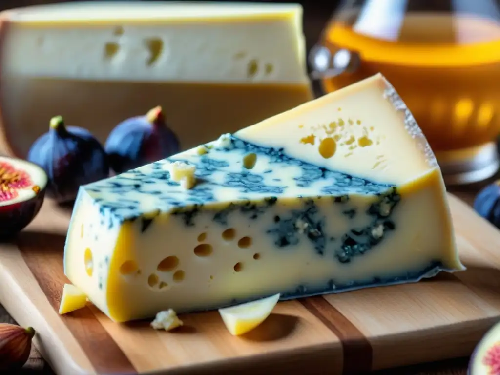 Quesos azules franceses intensos sabores: Detalle de un Roquefort con vetas azules, higos y miel sobre tabla rústica