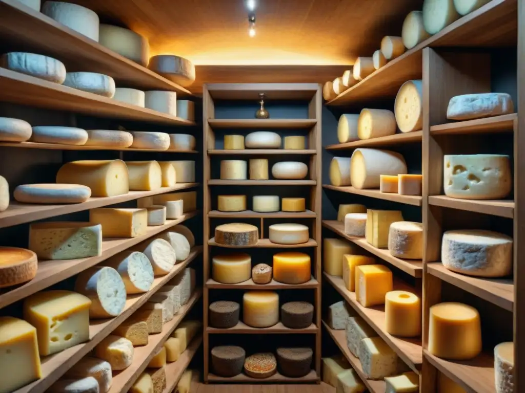 Quesos envejeciendo en bodega de madera iluminada, mostrando el arte de fermentar alimentos