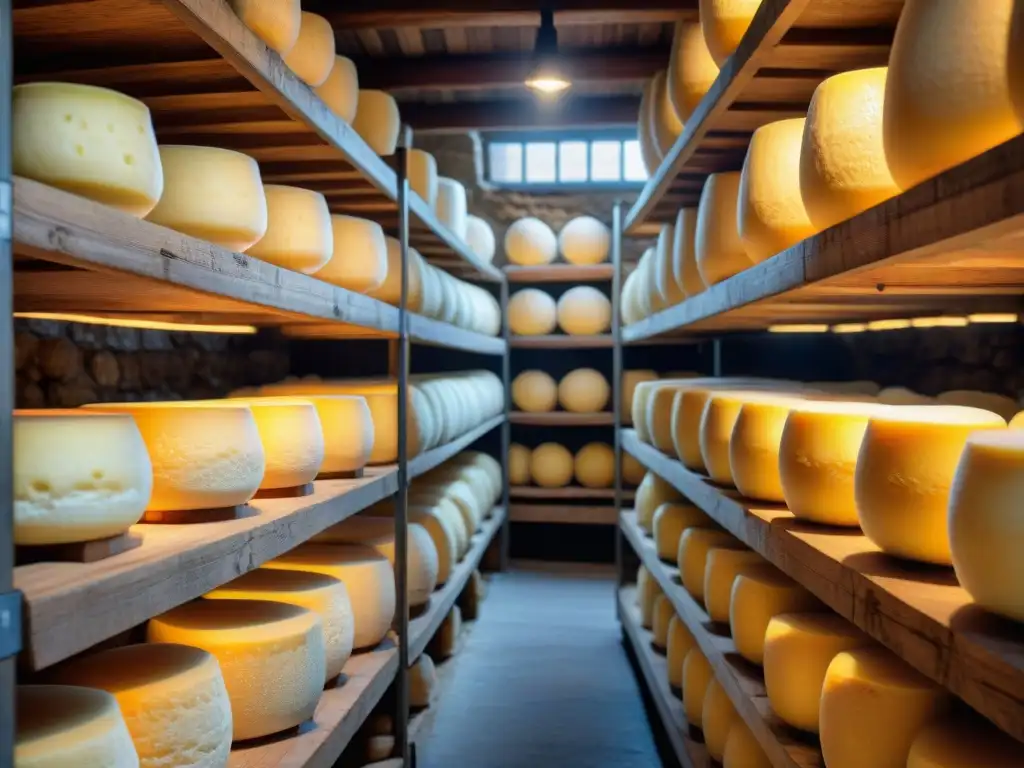 Quesos envejecidos de Tomme de Savoie en bodega francesa, resaltando el sabor rústico y la tradición artesanal