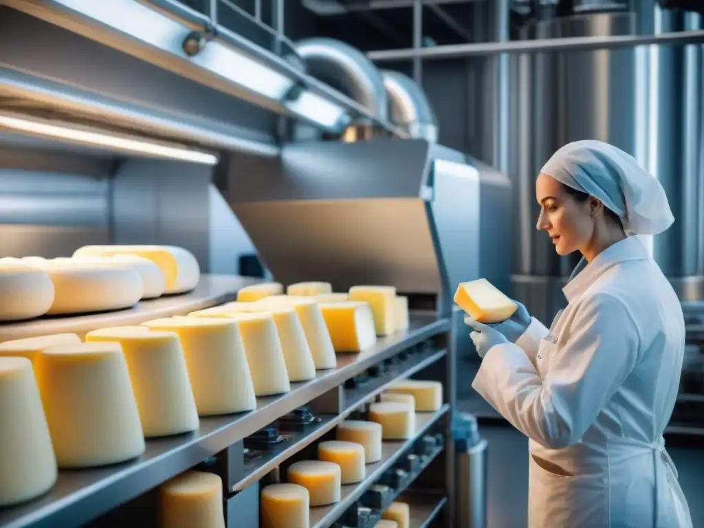 Producción de quesos franceses con IA: Robótica avanzada moldea queso fresco en moderna fábrica, rodeada de tecnología y tradición