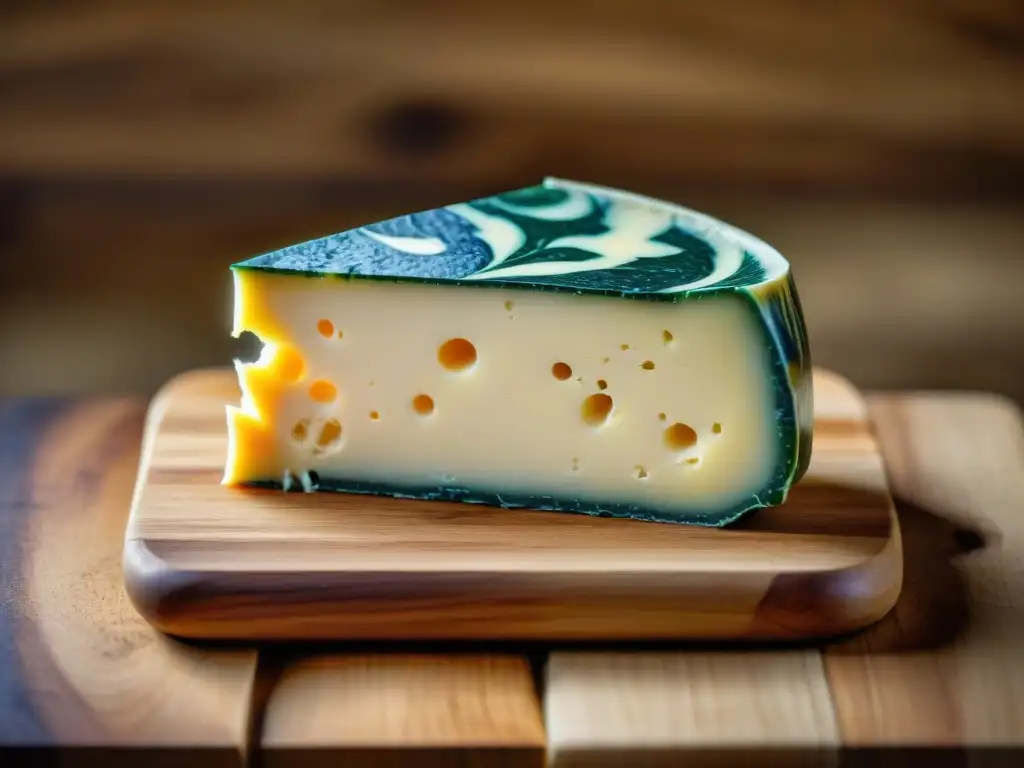 Apreciar quesos franceses como experto: Detalle de queso Ossau-Iraty marmoleado en tabla rústica