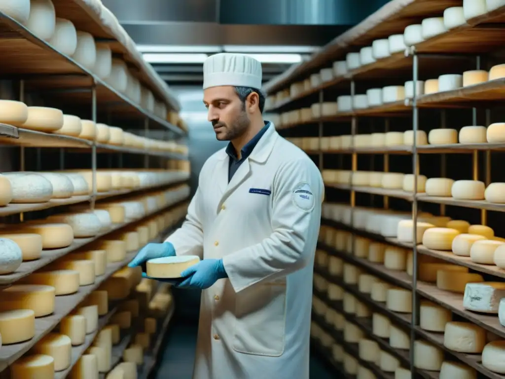 Producción de quesos franceses con IA: Una bodega tradicional con quesos Camembert y Roquefort envejeciendo junto a tecnología de vanguardia y trabajadores de ayer y hoy