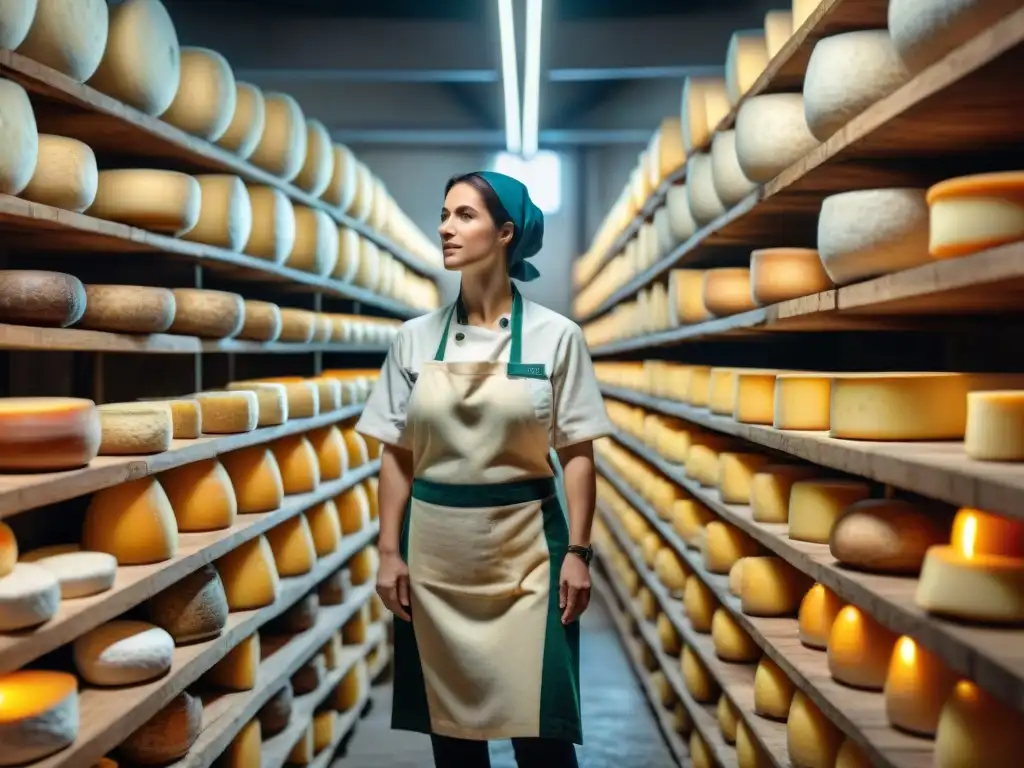 Fermentación en quesos franceses milenaria: Una bodega tradicional llena de quesos envejecidos, con un quesero inspeccionando una gran rueda de queso