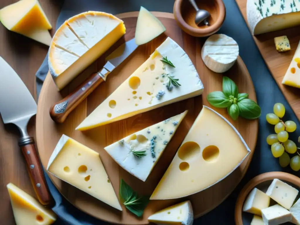 Guía para cortar y servir quesos franceses: Tabla de quesos rústica con Camembert, Brie y Roquefort en perfectas porciones y elegantes herramientas