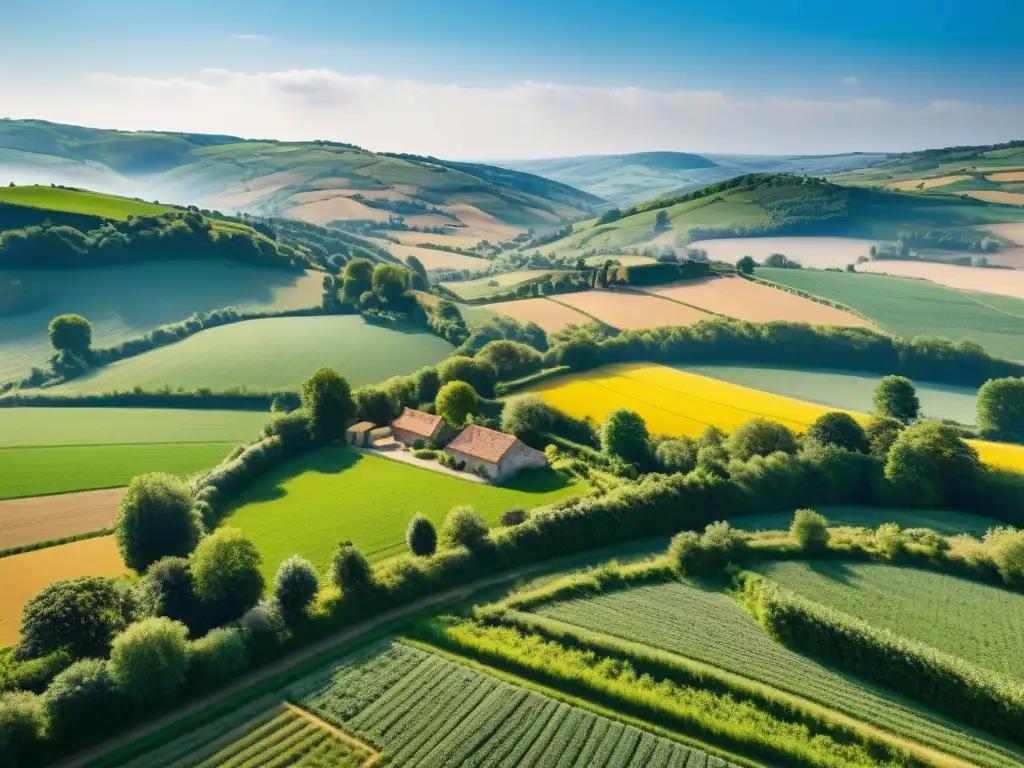 Quesos franceses tradicionales y deliciosos: Vista aérea de bucólica campiña francesa con granjas y vacas pastando bajo el cielo azul