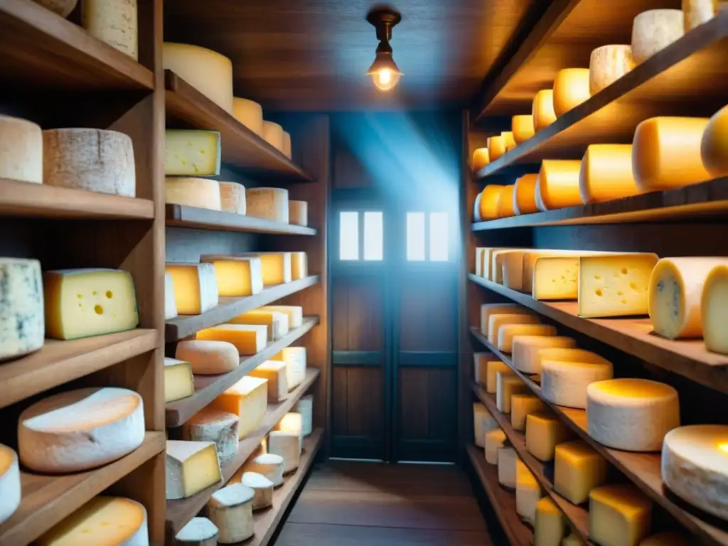 Quesos franceses tradicionales y sus historias: Bodega oscura llena de quesos envejecidos en estantes de madera