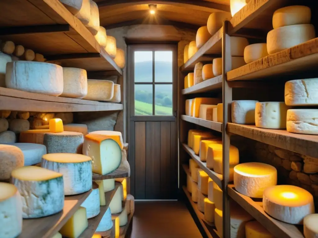 Quesos franceses tradicionales y regionales: Bodega de quesos con ruedas de Camembert envejeciendo en estantes de madera, iluminada con luz cálida