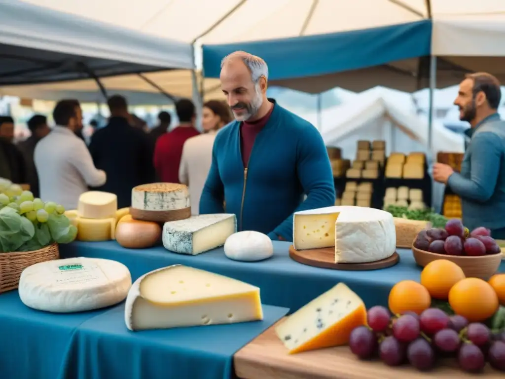 Quesos franceses veganos innovadores en bullicioso mercado campesino en Francia