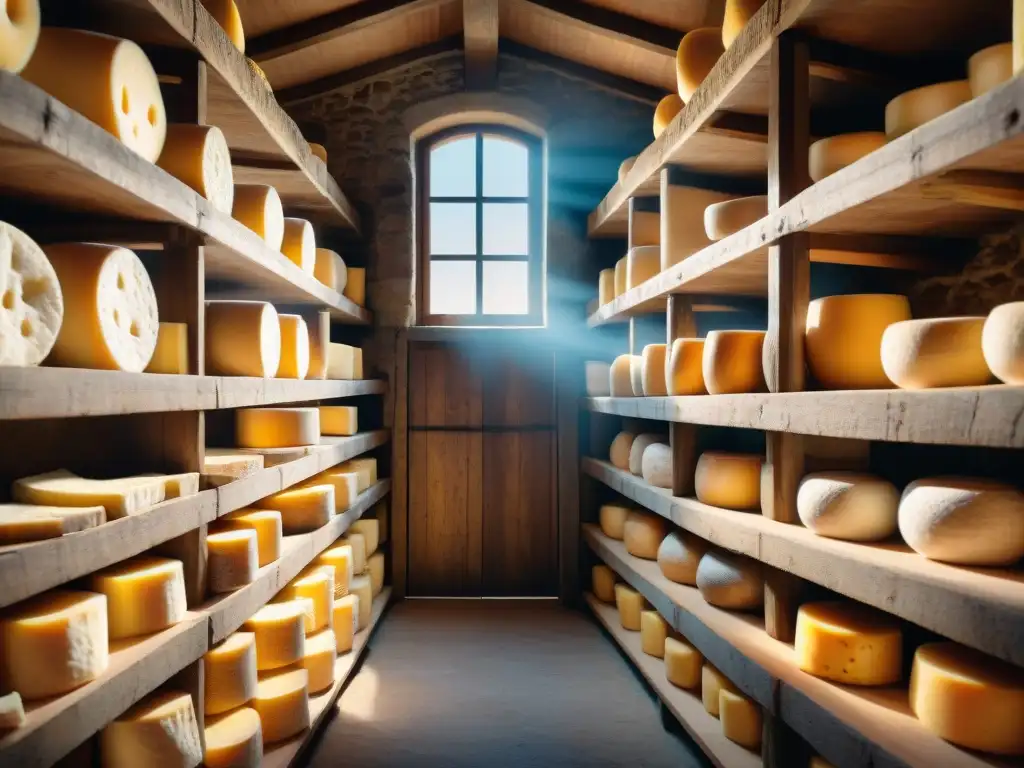 Quesos tradicionales de Auvernia en bodega rústica iluminada por luz natural, resaltando texturas y atmósfera única