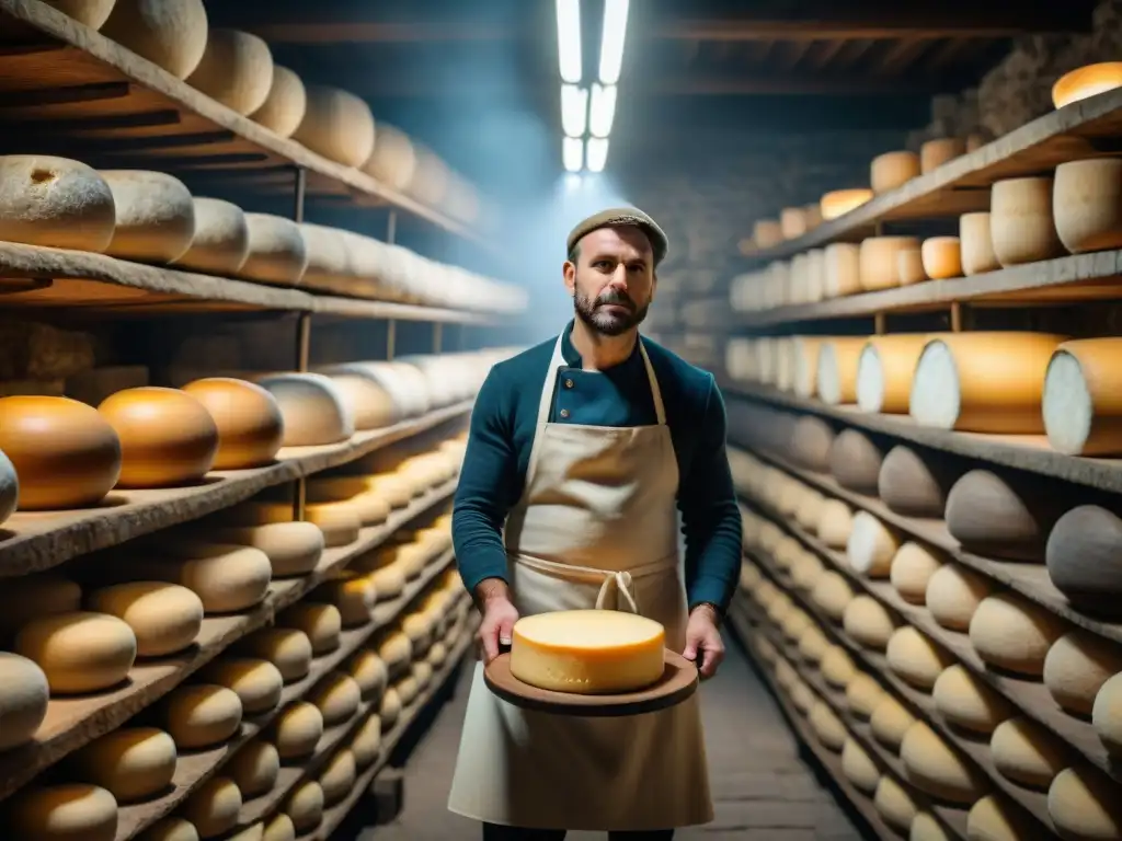 Quesos tradicionales de Lorraine: Antigua bodega de quesos con ruedas de queso envejeciendo, experto quesero inspeccionando una rueda