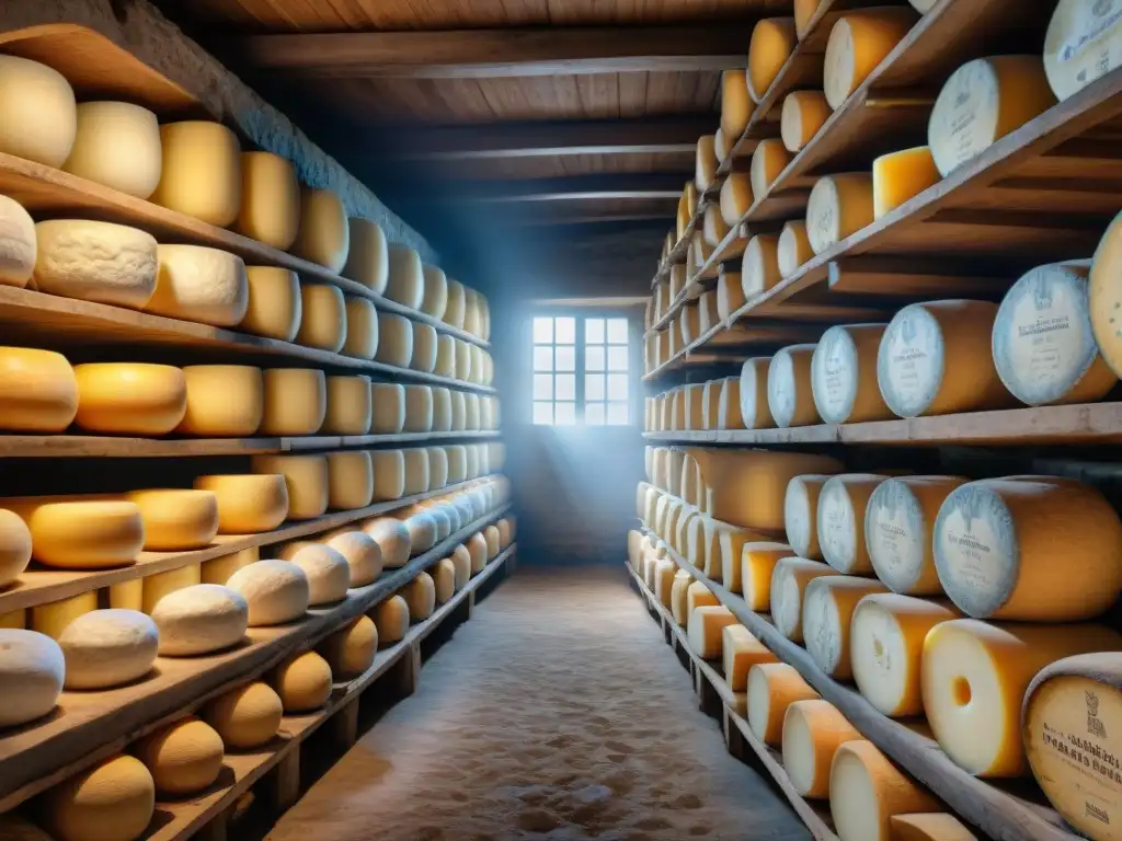 Quesos tradicionales de Lorraine en bodega rústica y auténtica, con ruedas de queso envejecidas y etiquetadas meticulosamente