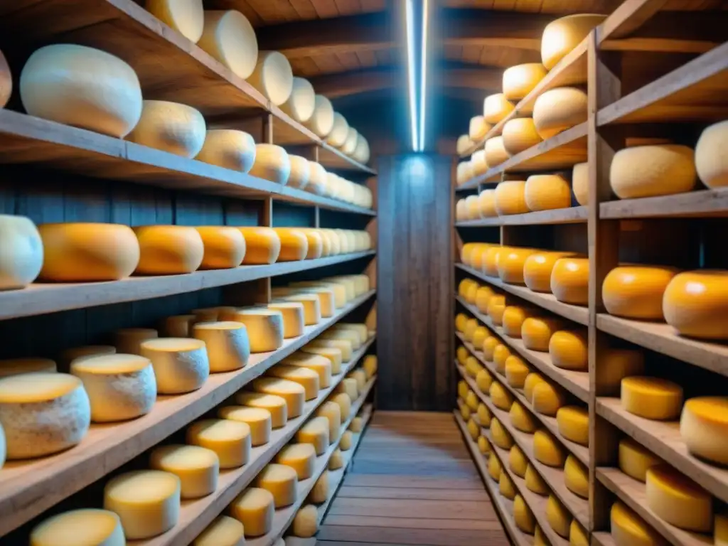 Quesos tradicionales de Lorraine iluminados en bodega rústica, detallando el proceso de maduración
