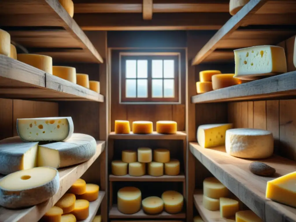 Quesos tradicionales de RódanoAlpes en una bodega de maduración, mostrando texturas, colores y mohos en la superficie