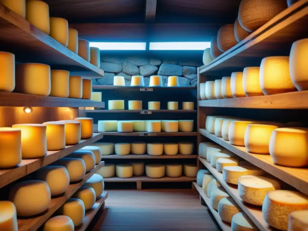 Quesos tradicionales de RódanoAlpes en una bodega francesa: ruedas de queso en estantes de madera iluminados, con sombras dramáticas