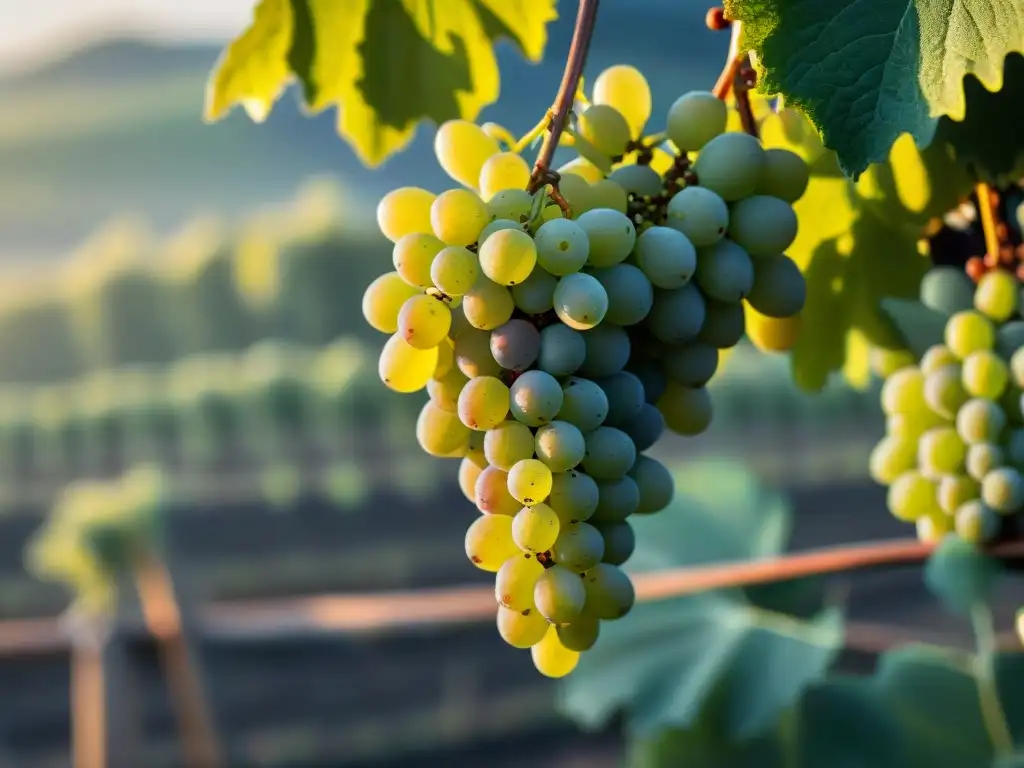 Racimos de uva Champagne rey espumosos prestigio global en viñedos franceses al amanecer