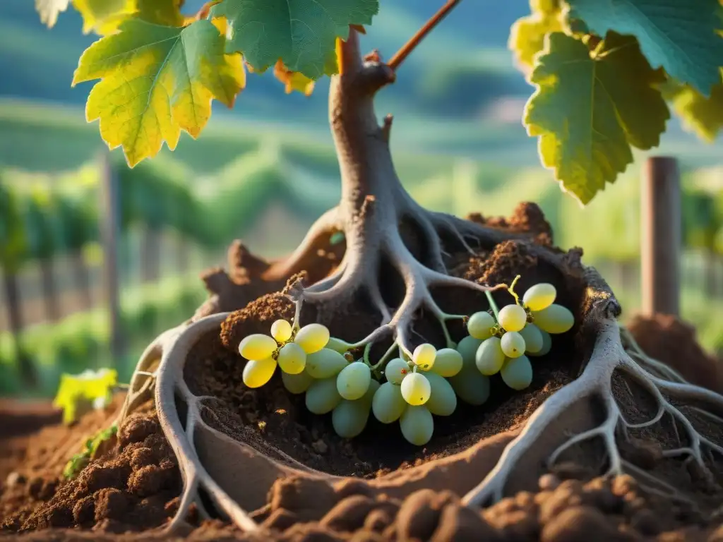 Raíces de vid enriquecidas por el terroir de un viñedo francés, destacando la composición del suelo y los minerales en vinos blancos franceses